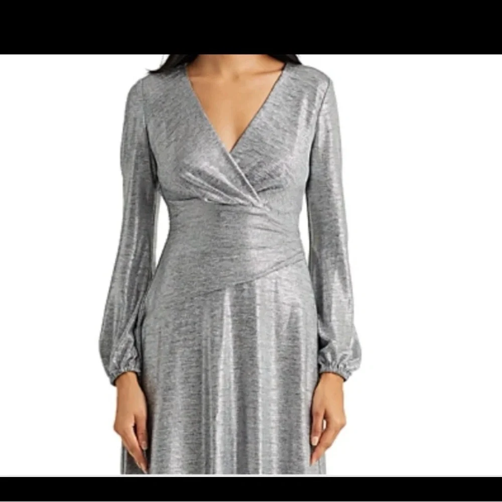 Ralph Lauren Dress Size 14 Shimmering Silver Long Sleeve Black Label